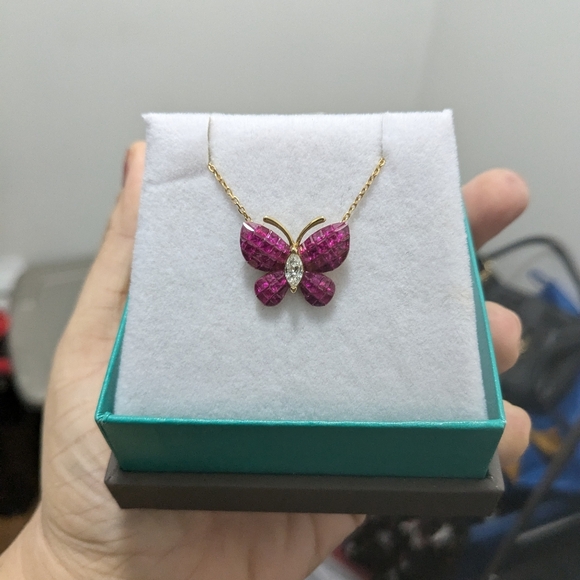 750/18K YG Invisible set Rubies and Diamond Butterfly Necklace - Picture 3 of 16